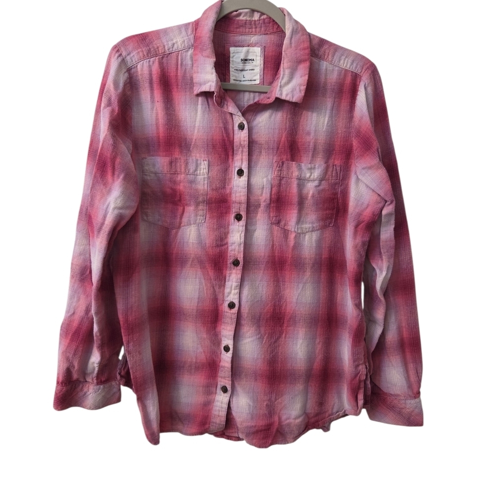 Sonoma Women's Pink White Plaid Button Down Shirt
